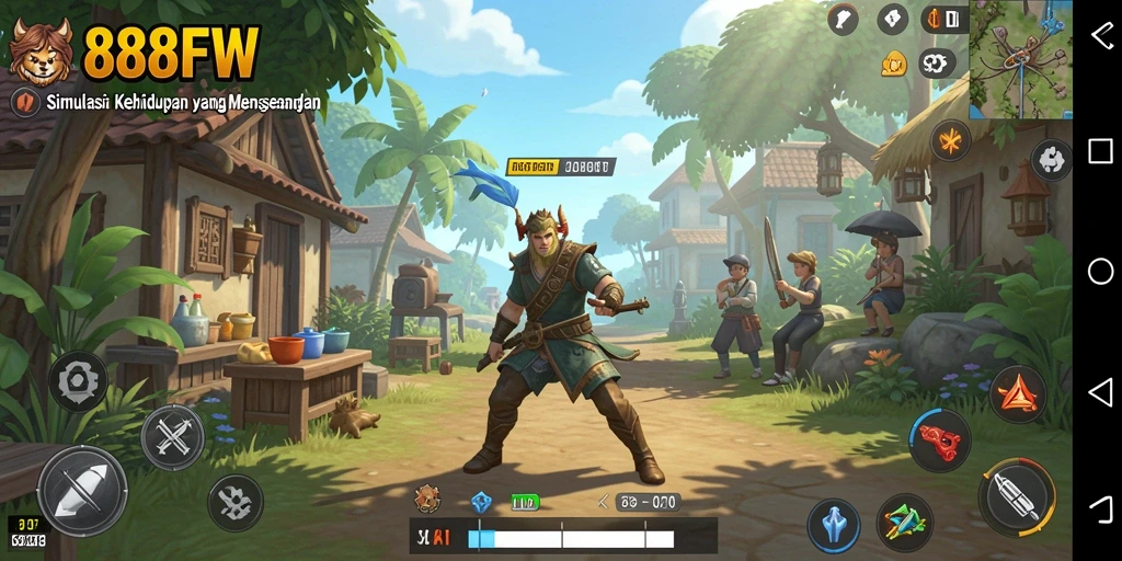 Screenshot gameplay 888FW menampilkan interaksi karakter dalam dunia simulasi.