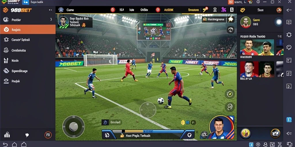 Screenshot utama 988BET menampilkan aksi permainan sepak bola yang seru.