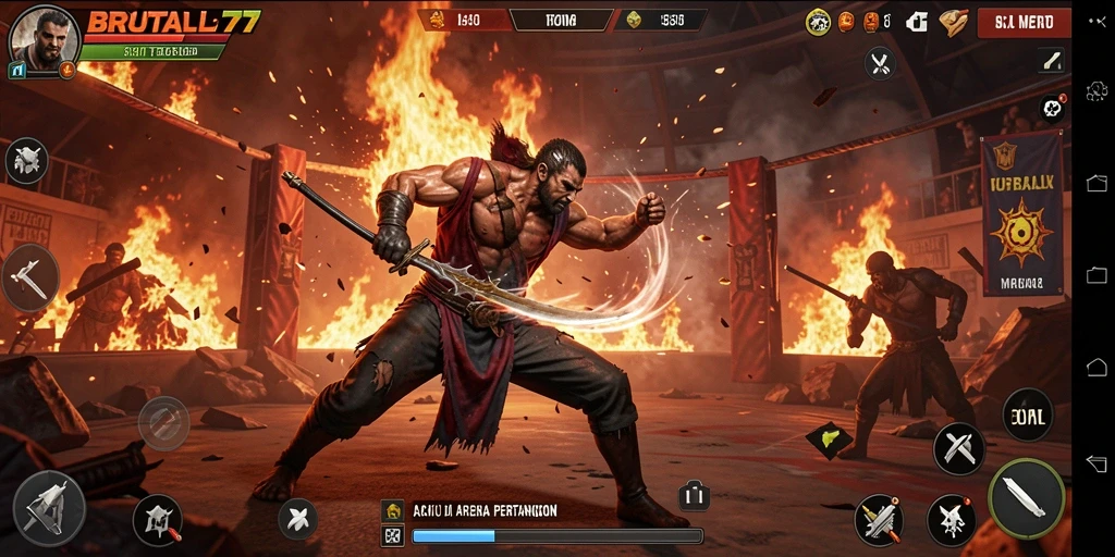 Tampilan aksi seru dalam gameplay BRUTAL77 saat pertarungan berlangsung.