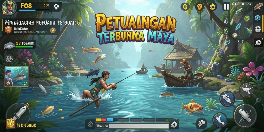 Tampilan gameplay FO8 yang menawan saat memancing di laut.