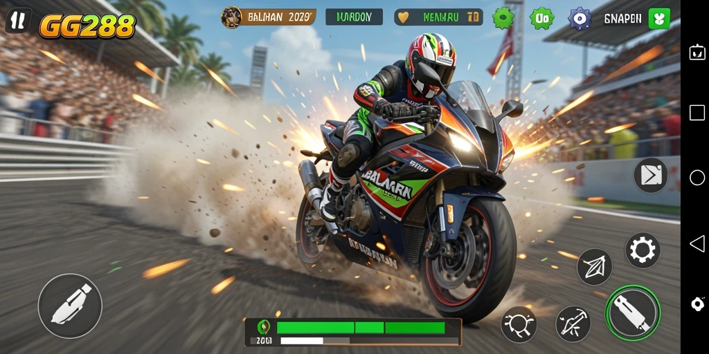 Screenshot GG288 menampilkan akselerasi motor yang mendebarkan di lintasan balap.