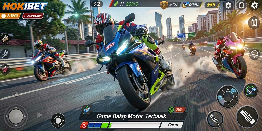 Screenshot utama HOKIBET menampilkan aksi balapan motor yang mendebarkan.