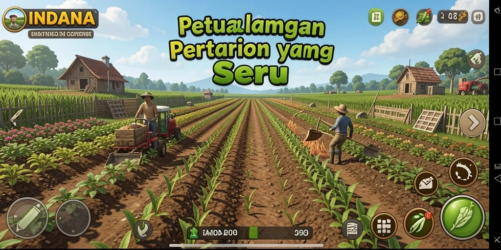Screenshot gameplay INDAAA yang menampilkan ladang yang rimbun dan hewan ternak.