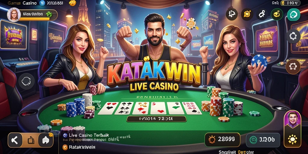 Screenshot gameplay KATAKWIN menunjukkan dealer yang ramah dan suasana kasino yang hidup.