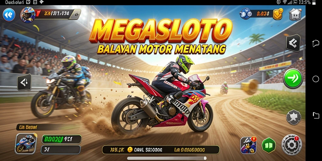 Screenshot MEGASLOTO menampilkan aksi balapan motor yang mendebarkan.